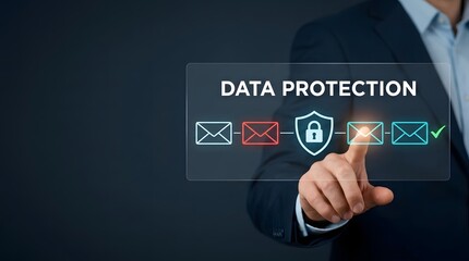 Obraz premium Hands touching tablet displaying data protection icons and security concepts