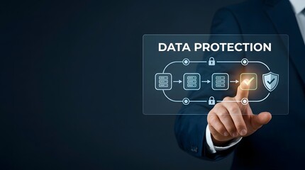 Obraz premium Businessman interacting with digital data protection interface and network security