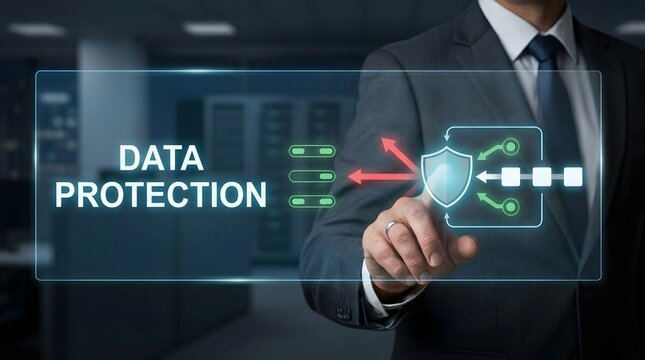 Businessman interacting with digital data protection interface in modern office