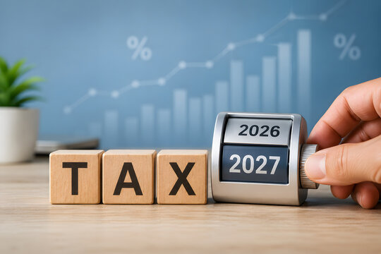 Tax assessment concept with wooden blocks and annual wheel.