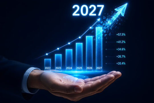 Man presenting revenue forecast with digital bar chart glow.