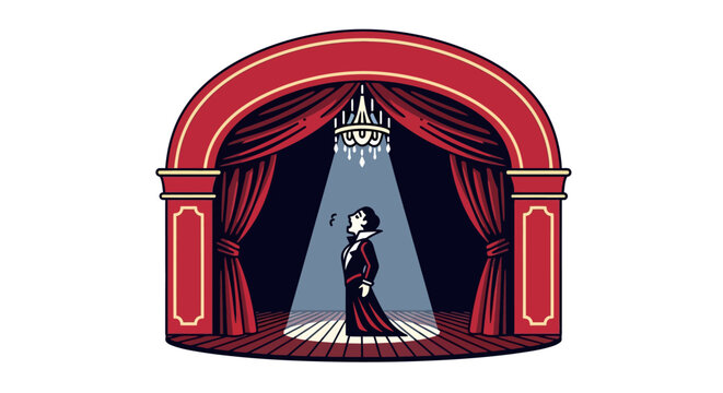 Cartoon woman on stage with spotlight.