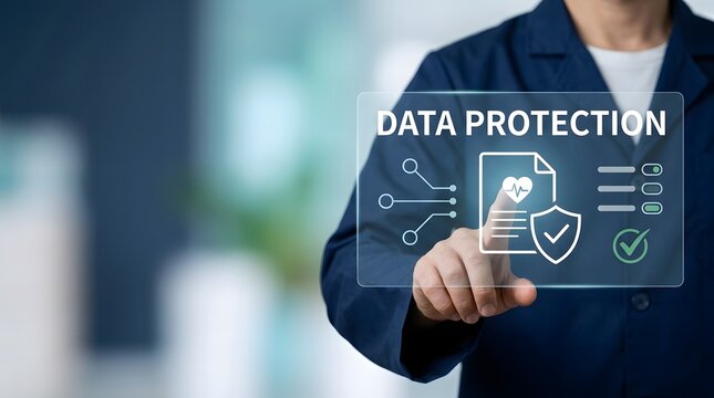 Businesswoman interacting with digital data protection interface in modern office