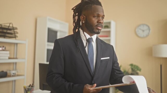 Man in suit holding a clipboard and rolled documents, smiling and looking up in an office building workspace; professional confidence.