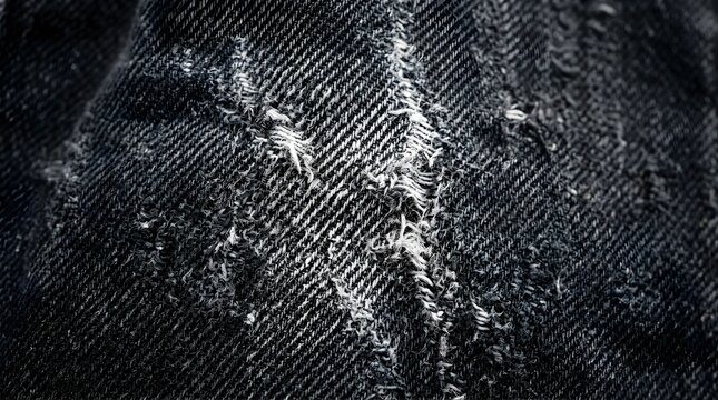 Distressed black denim fabric texture with frayed edges and worn detail