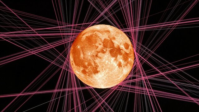 Red Moon with Radiating Pink Lines on Black Background