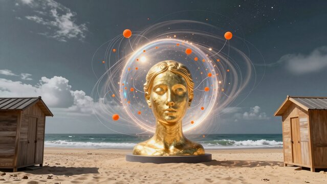 Golden Bust with Celestial Orbs on Sandy Beach at Sunset