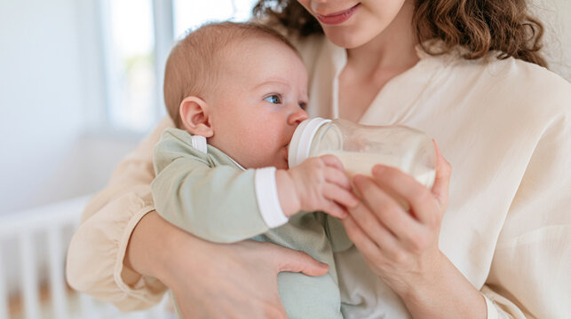 Newborn being bottle-fed in the arms of a caregiver