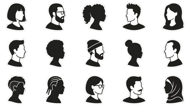 A diverse collection of minimalist avatar silhouettes showcasing various hairstyles genders and cultural representations for profile pictures
