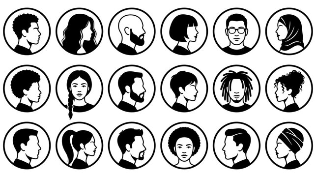 Diverse collection of minimalist avatar portraits representing a spectrum of hairstyles facial features and cultural identities in black and white