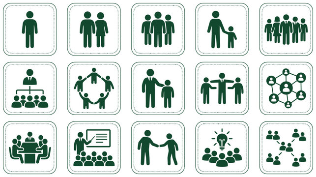 A diverse collection of icons representing people teamwork collaboration networking and community engagement in various settings