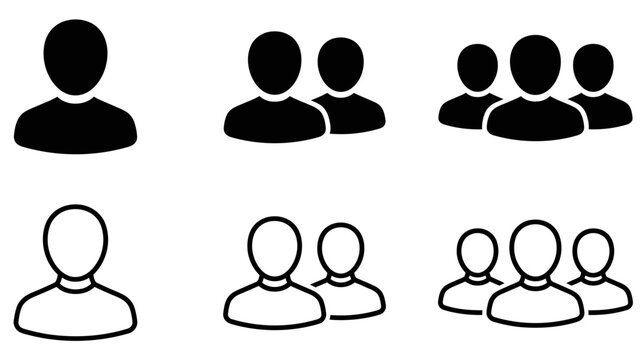 A collection of simple avatar icons both filled and outlined representing individuals and small groups of people for user interfaces