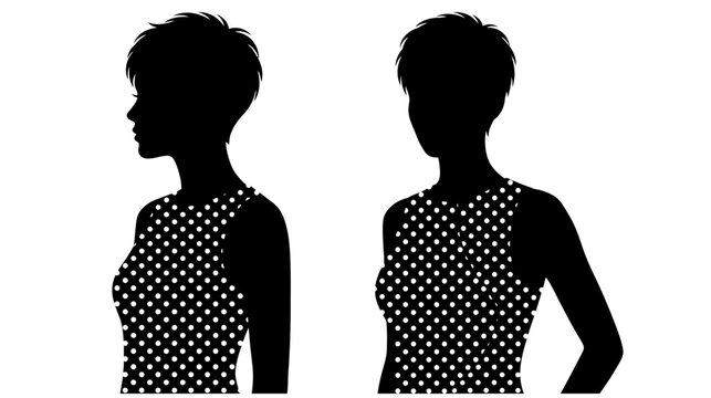 Elegant silhouette of a woman in a polka dot dress presented from two distinct and complementary profile views