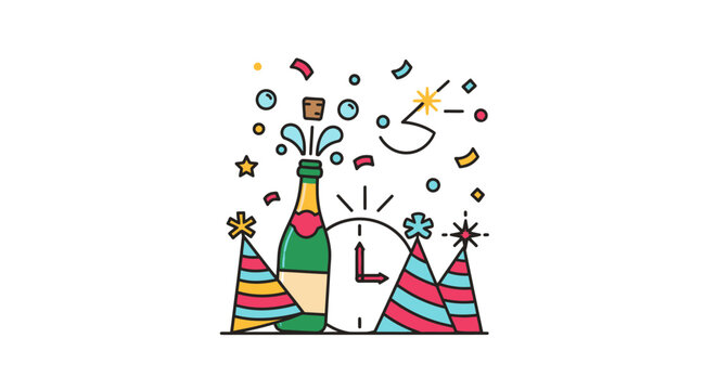 Colorful party hats and champagne bottle.