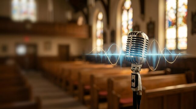 A music visualization showing microphone in foreground ready to be used inside church or religious space with blurred church background for music and worship concepts 3D render microphone foreground