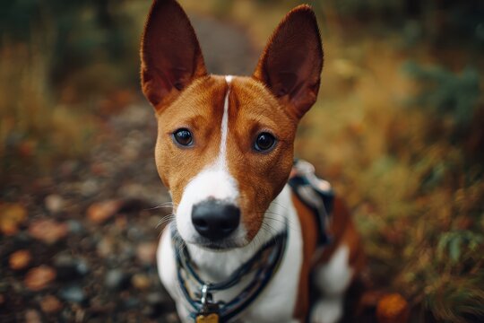 A captivating close-up of a Basenji dog showcasing its distinctive features, like the erect ears, and unique breed characteristics, wearing a collar during an outdoor adventure
