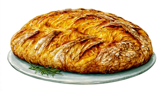A golden brown loaf of bread with a crispy crust sitting on a blue plate