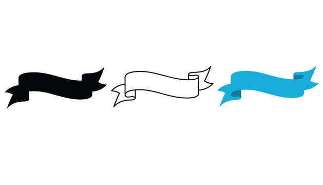 Scroll ribbon banner vectors in black silhouette, simple outline, and blue color are isolated on a white background.