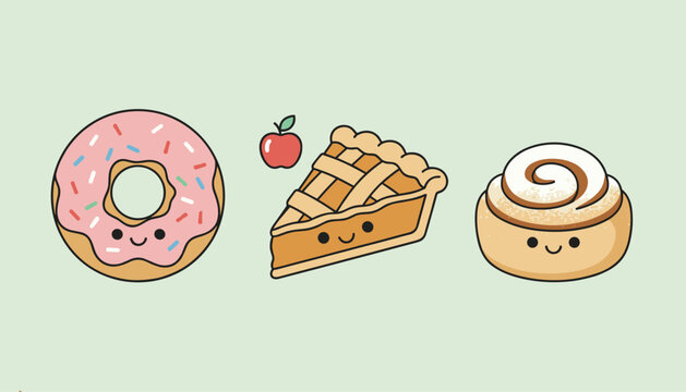 Cute cartoon illustrations of sweet bakery treats with happy faces including a pink glazed donut, apple pie slice, and cinnamon roll.