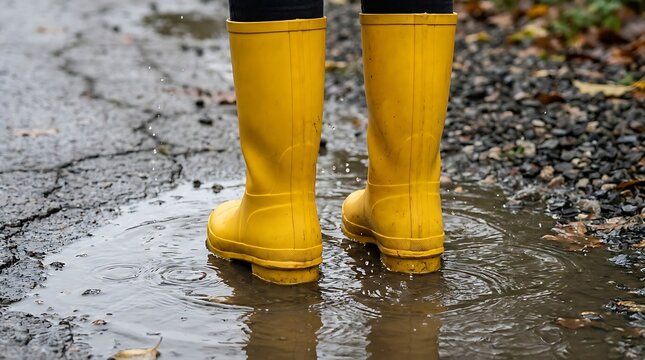 Person wearing bright yellow rubber boots standing in a puddle on a rainy autumn day outdoors