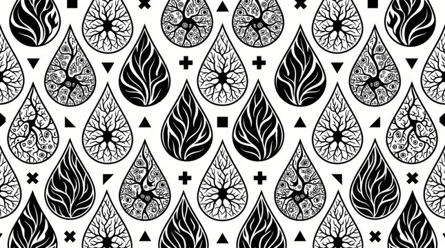 Black and white seamless pattern featuring abstract teardrops, botanical root veins, and geometric shapes