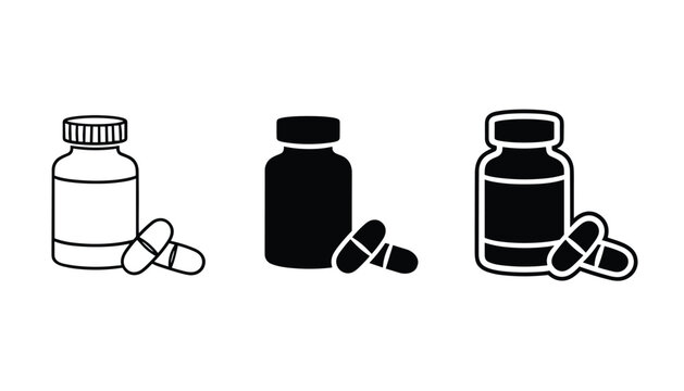 Three different graphic style icons of a medicine bottle and two pills including outline, silhouette, and thick border.