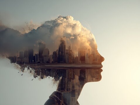 Dreamy double exposure: cityscape silhouette within a woman's profile. Urban life and inner thought intertwine in this surreal, beautiful city/self concept