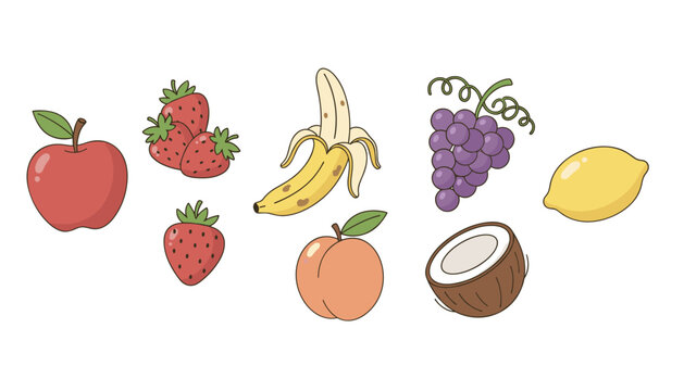 Delightful hand drawn collection of fresh healthy fruits including apple, strawberry, banana, grape, and lemon.