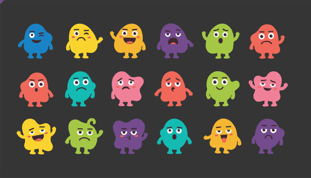 Grid of colorful pixel blob characters with various funny facial expressions on a dark gray background.