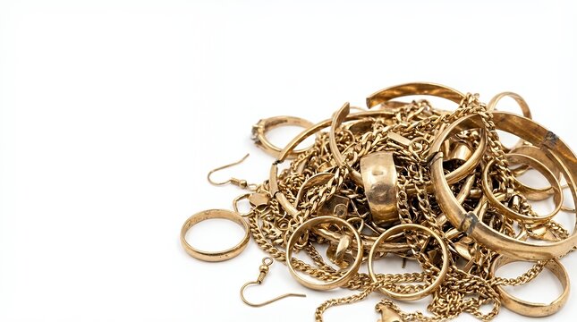 Pile or Stack of Discarded Gold Jewelry Including Chains Rings and Broken Pieces Assembled for Scrap Gold Recycling and Valuation Isolated on a Clean White Background gold scrap pile stack jewellery