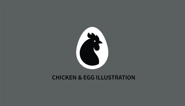Creative graphic logo design representing a chicken head silhouette inside a white egg contour on a dark gray background.