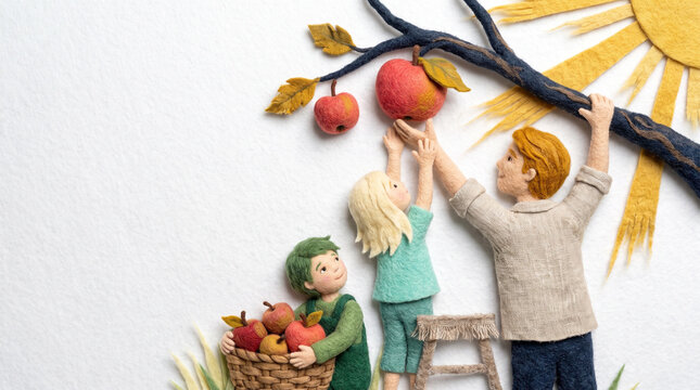 Children picking apples from a tree on a sunny day  