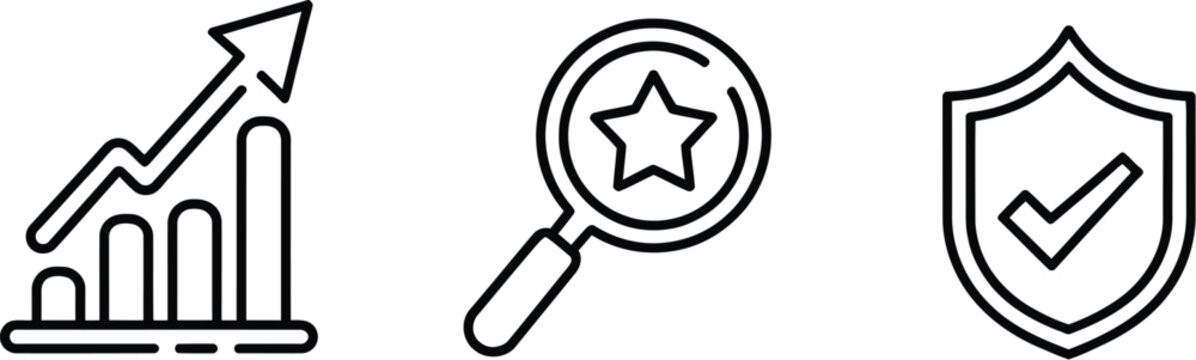 Performance benchmark key indicators and scorecard line icon set representing business success, evaluation, measurement, analytics, and strategic performance.