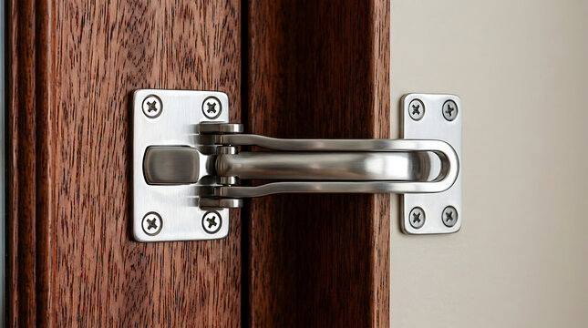 Swing bar door lock with chrome finish on wooden surface