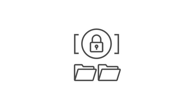 Secure data folder icon depicting a padlock symbol above two file directories inside brackets in grey line art.