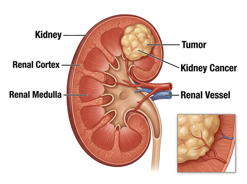 Kidney anatomy with cancer tumor and renal vessel isolated on white background