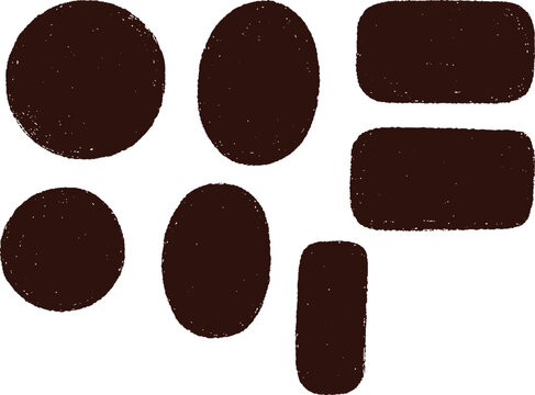 Grunge textured dark brown geometric shapes set featuring circles ovals and rounded rectangles on transparent background