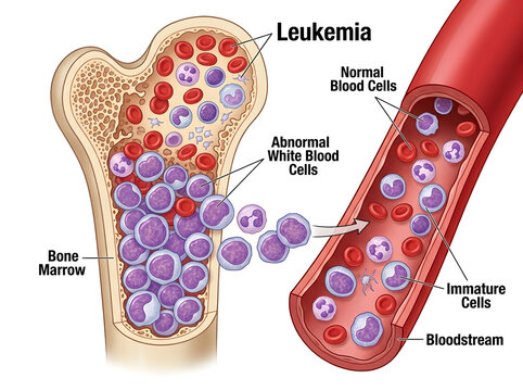 Leukemia abnormal blood cells in bone marrow and bloodstream illustration isolated on white background