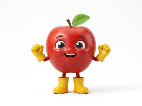 Cute cartoon apple character wearing yellow gloves and boots isolated on white background