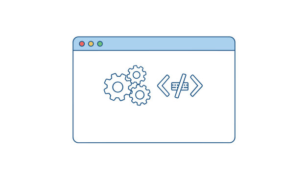 Web development browser icon with gear wheels and code tag symbol representing programming and software design.