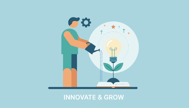 Man watering a lightbulb plant growing from an open book represents creative learning, new ideas, and business innovation.
