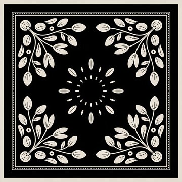 Elegant black and white square bandana pattern with floral botanical corner decorations and central sunburst motif