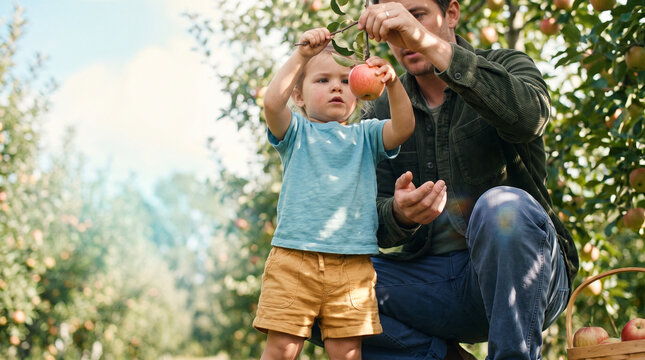 Father and child picking apples in an orchard on a sunny day  