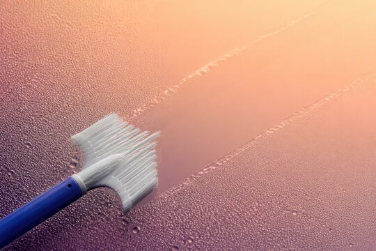 Brush clearing frost from a frozen glass surface at sunrise