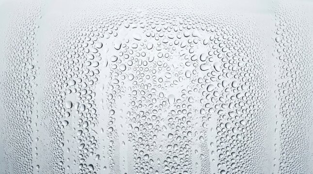 Abstract vertical pattern of numerous small water droplets covering a bright white translucent surface with water drops condensed moisture wet surface translucent background liquid texture