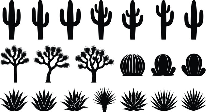 Desert plant silhouette vector set featuring saguaro cactus, joshua tree, agave, and barrel cactus