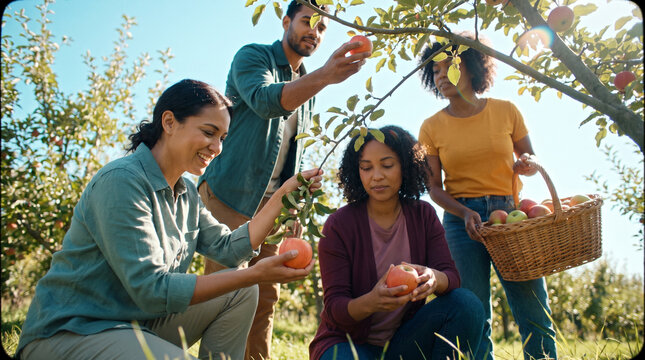 Group of friends picking apples in an orchard on a sunny day  