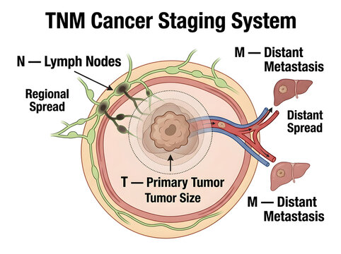 Tnm cancer staging system diagram with tumor spread isolated on white background