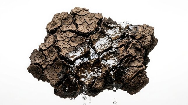 Raw brown organic earth lump with rough cracked surface texture isolated on white background fragment formation isolated background material weathered environment research specimen