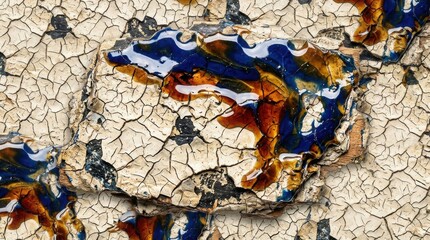 Naklejka premium Close up view of glazed ceramic surface with fine crackle pattern and blue orange details material artistic abstract reflective decoration ornament background fragment historic craftsmanship